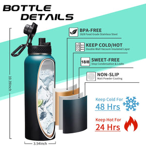 DIGJUPER Vacuum Insulated Water Bottle 40oz - with Straw & Spout Lids, Paracord Handle, Shoulder Carrier Bag, Sport Stainless Steel,Double-Wall Metal Water Bottle Thermo Hydro Mug Flask