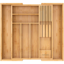 Load image into Gallery viewer, TIOPGHAD Bamboo-Silverware-Drawer-Organizer-Kitchen, Expandable Utensil Holder Cutlery Tray Flatware Organization Adjustable Wood Tableware Dividers Storage (with Removable Knife Block)(Natural)
