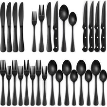 Load image into Gallery viewer, 24-Piece Black Silverware Set with Steak Knives, Black Flatware Set for 4, Food-Grade Stainless Steel Tableware Cutlery Set, Mirror Finished Utensil Sets for Home Restaurant
