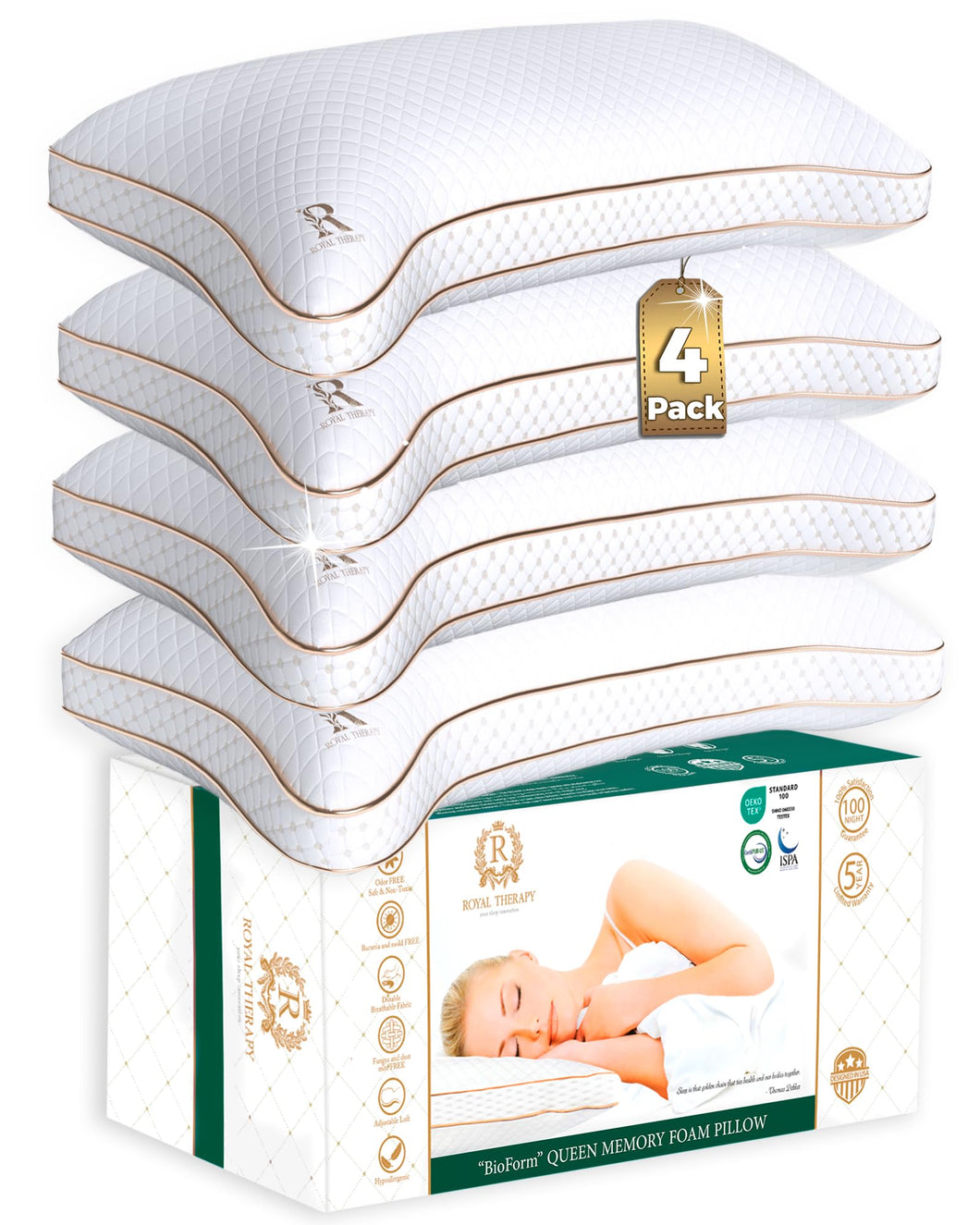 Royal Therapy Queen Memory Foam Pillows 4-Pack - Shredded Memory Foam Pillow for All Sleep Positions - Medium Firm Pillow with Adjustable Loft, Bamboo Rayon Cover, CertiPUR-US, Oeko-TEX Certified