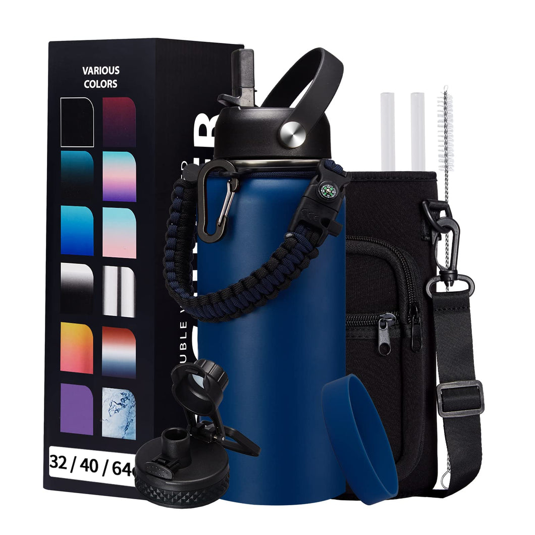 Stainless Steel Water Bottles 32oz - with Paracord Handle, Straw/Spout Lid, Carrying Case & Protective Boot, Leak Proof Double Wall Vacuum Insulated Bottle Keep Cold 48H & Hot 24H