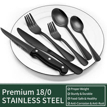 Load image into Gallery viewer, 24-Piece Black Silverware Set with Steak Knives, Black Flatware Set for 4, Food-Grade Stainless Steel Tableware Cutlery Set, Mirror Finished Utensil Sets for Home Restaurant
