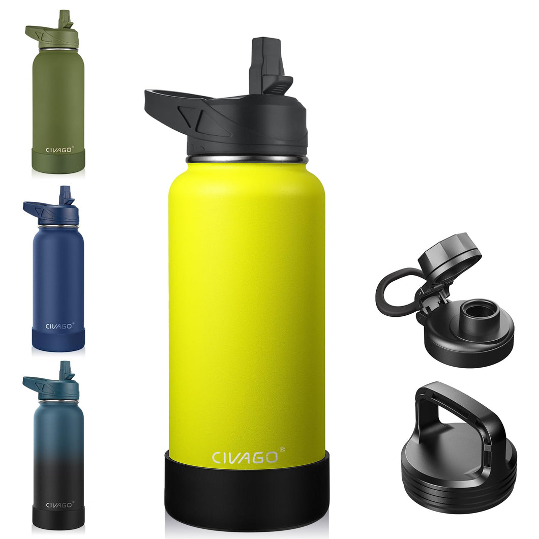 CIVAGO 32 oz Insulated Water Bottle With Straw, Stainless Steel Sports Water Cup Flask with 3 Lids (Straw, Spout and Handle Lid), Wide Mouth Travel Thermal Mug, Firefly Yellow