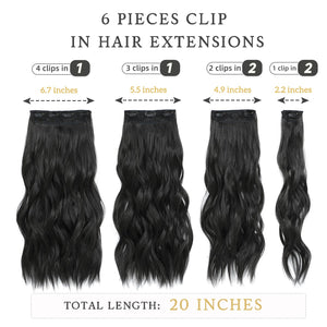 Fliace Clip in Black Hair Extensions for Women, Thick Double Weft Wavy Soft Hair & Blends Well Long Hairpieces(20inch, 6pcs, Natural Black)