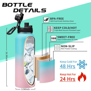 DIGJUPER 40 oz Insulated Water Bottle - Stainless Steel Water Bottles with Straw & Spout Lids, Paracord Handle, Carrier Bag, Protective Cup Mat, Keep Cold-48H & Hot-12H Metal Water Flask