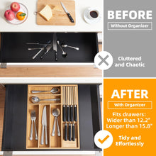 Load image into Gallery viewer, TIOPGHAD Small-Bamboo-Silverware-Drawer-Organizer, Expandable Utensil Kitchen Cutlery Tray Flatware Organization Adjustable Wood Tableware Dividers Storage (with Removable Knife Block)(Natural)
