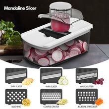 Load image into Gallery viewer, Cambom Mandoline Slicer Vegetable Slicer With 2 L Container for Potatoes, Tomatoes, Cucumbers, Carrots With 10 Blades White
