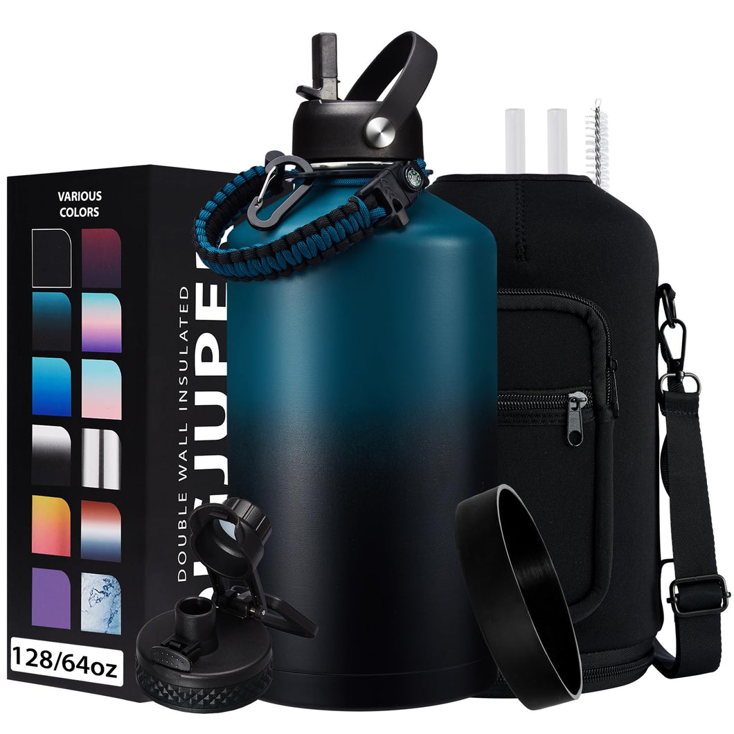 1 Gallon Water Bottle Stainless Steel - 128oz Insulated Flask Water Bottle with Sleeve Strap, Big Water Jug with Straw & Spout Lid, Gym Camping Gallon Water Bottle w/Paracord Handle, protective Boot