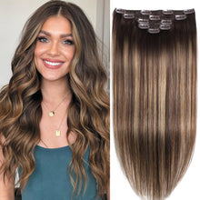 Load image into Gallery viewer, Clip in Hair Extension Real Human Hair Balayage Clip in Extensions for Women 80g/5pcs Balayage Chocolate Brown to Caramel Blonde Human Hair Extensions Clip ins 14 Inch Gift
