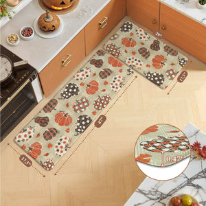 KIMODE Autumn Padded Kitchen Floor Mats Cushioned Anti Fatigue,Halloween Memory Foam Kitchen Sink Mat Non Slip,Fall Maple Kitchen Rugs Sets of 2 for Laundry Home Decor,Pumpkin Checkered
