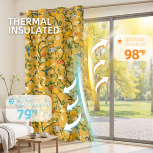 Floral Curtains 100% Blackout Vintage Hummingbird Black Out Curtain 84 Inches Long Thermal Insulated Window Drapes 2 Panels Grommet Room Darkening Curtains for Living Room Bedroom, Mustard Yellow