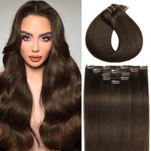 Load image into Gallery viewer, Clip in Hair Extensions Real Human Hair Straight Clip in Human Hair Extensions for Women #4 Medium Brown Remy Human Hair Clip ins 16 Inch 80g 5pcs Double Weft
