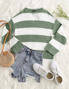 ZESICA Women's 2025 Fall Long Sleeve Oversized Striped Color Block Comfy Loose Crew Neck Knitted Pullover Sweater Green Small