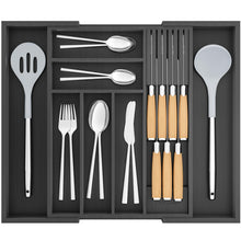 Load image into Gallery viewer, TIOPGHAD Bamboo-Silverware-Drawer-Organizer-Kitchen, Expandable Utensil Holder Cutlery Tray Flatware Organization Adjustable Wood Tableware Dividers Storage (with Removable Knife Block)(Black)
