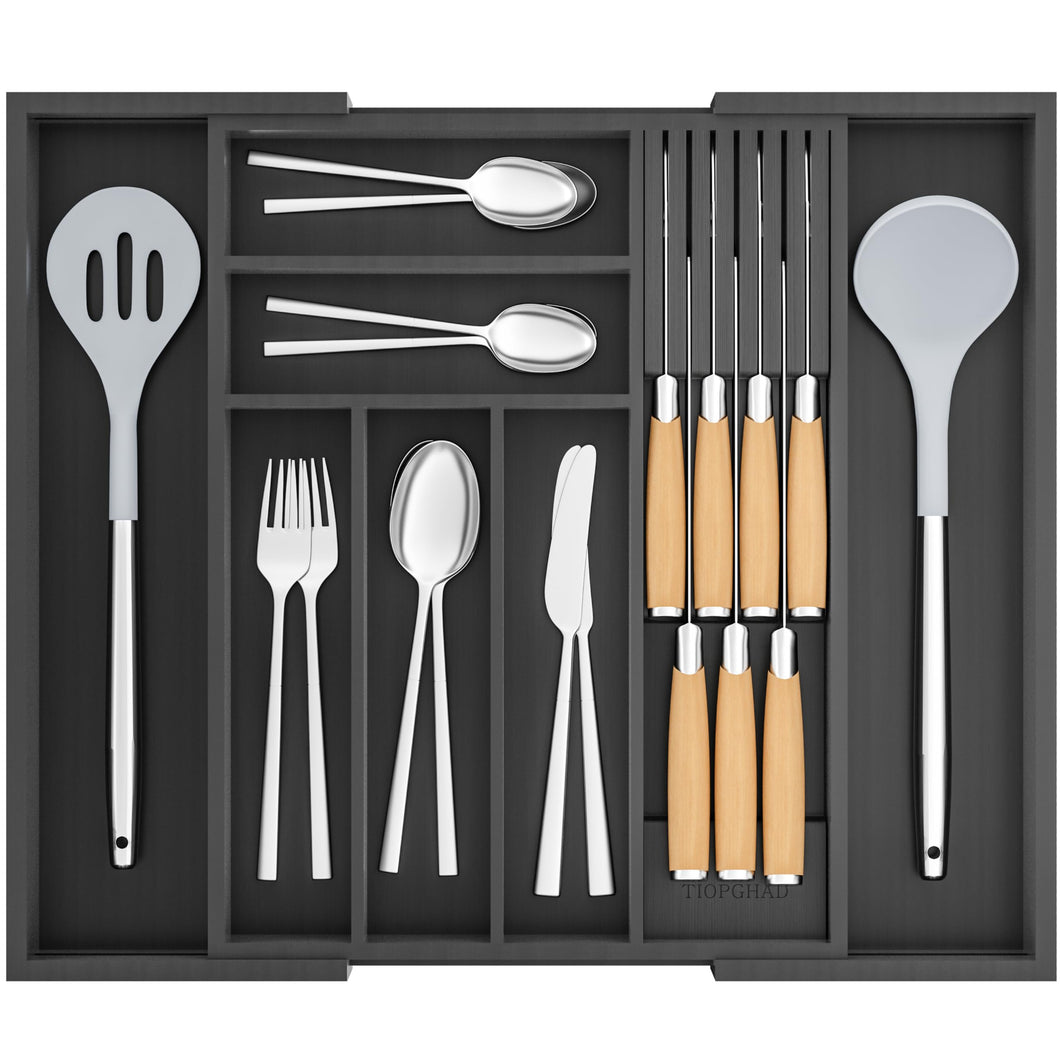 TIOPGHAD Bamboo-Silverware-Drawer-Organizer-Kitchen, Expandable Utensil Holder Cutlery Tray Flatware Organization Adjustable Wood Tableware Dividers Storage (with Removable Knife Block)(Black)