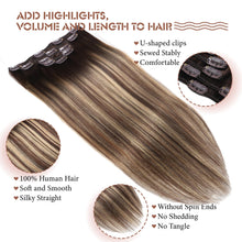 Load image into Gallery viewer, Clip in Hair Extensions Real Human Hair Extensions 20 Inch Human Hair Clip in Extensions Balayage Chocolate Brown to Caramel Blonde Clip ins for Women Remy Human Hair Extensions #4/4/27 80g 5pcs
