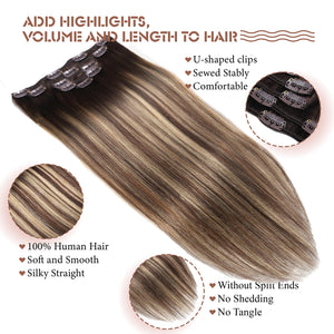 Clip in Hair Extensions Real Human Hair Extensions 20 Inch Human Hair Clip in Extensions Balayage Chocolate Brown to Caramel Blonde Clip ins for Women Remy Human Hair Extensions #4/4/27 80g 5pcs