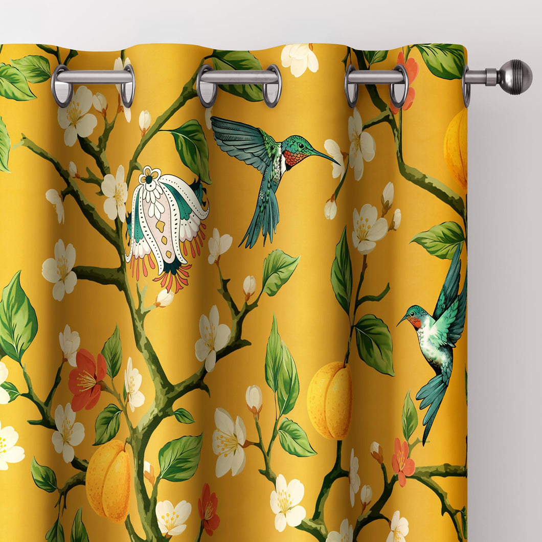 Floral Curtains 100% Blackout Vintage Hummingbird Black Out Curtain 84 Inches Long Thermal Insulated Window Drapes 2 Panels Grommet Room Darkening Curtains for Living Room Bedroom, Mustard Yellow