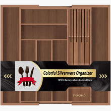 Load image into Gallery viewer, TIOPGHAD Bamboo-Silverware-Drawer-Organizer-Kitchen, Expandable Utensil Holder Cutlery Tray Flatware Organization Adjustable Wood Tableware Dividers Storage (with Removable Knife Block)(Brown)
