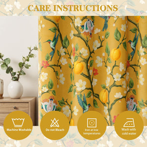 Floral Curtains 100% Blackout Vintage Hummingbird Black Out Curtain 84 Inches Long Thermal Insulated Window Drapes 2 Panels Grommet Room Darkening Curtains for Living Room Bedroom, Mustard Yellow