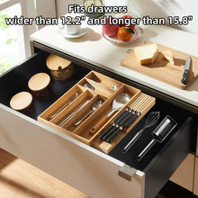 Load image into Gallery viewer, TIOPGHAD Small-Bamboo-Silverware-Drawer-Organizer, Expandable Utensil Kitchen Cutlery Tray Flatware Organization Adjustable Wood Tableware Dividers Storage (with Removable Knife Block)(Natural)
