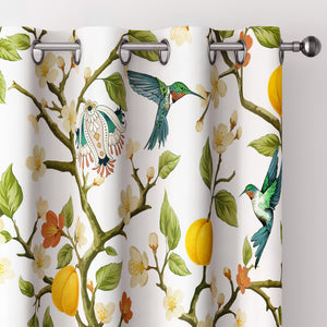 Floral Curtains 100% Blackout, Vintage Hummingbird Black Out Curtain 84 Inches Long, Patterned Thermal Insulated Window Drapes 2 Panels, Grommet Room Darkening Curtains for Living Room Bedroom, White