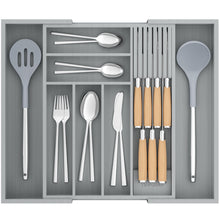 Load image into Gallery viewer, TIOPGHAD Bamboo-Silverware-Drawer-Organizer-Kitchen, Expandable Utensil Holder Cutlery Tray Flatware Organization Adjustable Wood Tableware Dividers Storage (with Removable Knife Block)(Grey)
