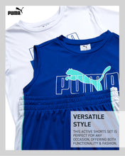 Load image into Gallery viewer, PUMA Boys Active Shorts Set - 3 Piece Performance T-Shirt, Dry Fit Tank Top, and Gym Shorts - Activewear Set for Boys (4-16), Size 8, White/Blue
