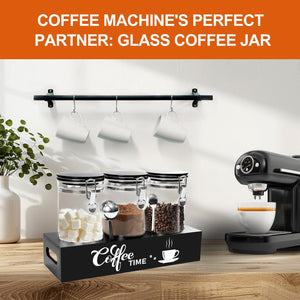 OARSE 3 PCS Glass Coffee Container with Wooden Shelf,3 x 54 oz Glass Coffee Bean Storage Container with Airtight Locking Clamp Lid Spoons Coffee Canister Set,Jars for Coffee Beans,Nuts,Tea,Sugar