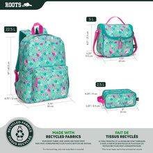 Load image into Gallery viewer, Roots Essential 3-in-1 Matching Water Resistant Kids Backpack and Lunch Bag Set with Bonus Pencil Case - Made from 100% Recycled Fabrics -22.5 litres, Ditsy Floral Mint
