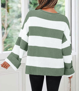 ZESICA Women's 2025 Fall Long Sleeve Oversized Striped Color Block Comfy Loose Crew Neck Knitted Pullover Sweater Green Small