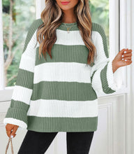 Load image into Gallery viewer, ZESICA Women&#39;s 2025 Fall Long Sleeve Oversized Striped Color Block Comfy Loose Crew Neck Knitted Pullover Sweater Green Small
