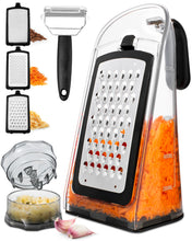 Load image into Gallery viewer, Cheese Grater with Garlic Crusher- Box Grater Vegetable Shredder with 3 Stainless Steel Blades - Graters for Kitchen- Cheese Graters with Handle - Garlic Mincer Tool and Vegetable Peeler
