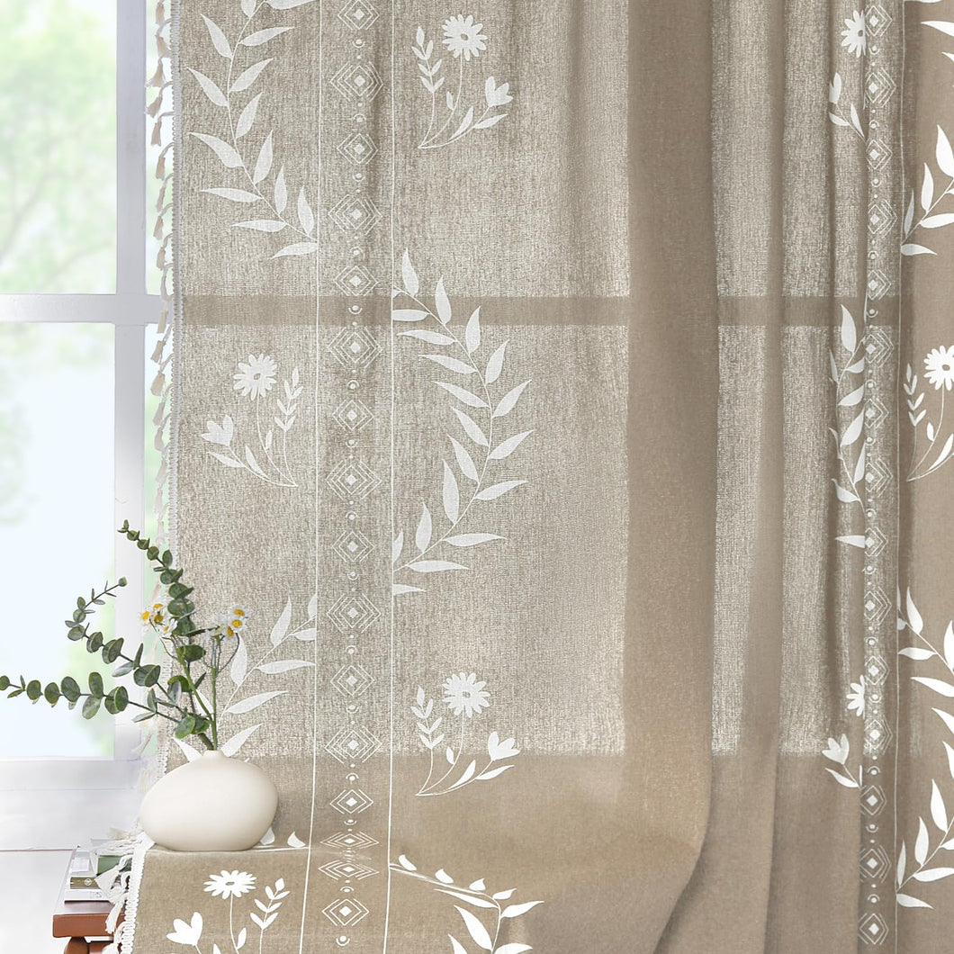 Schweek Tan Boho Curtains for Living Room 84 Inches Long 2 Panels Linen Floral Cute Curtains Semi Sheer Country Rustic Window Western Curtain