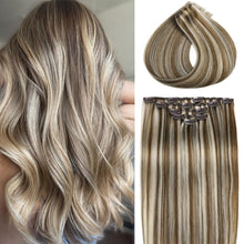 Load image into Gallery viewer, Clip in Hair Extensions #8/60 Balayage Chestnut Blonde Highligh 14 Inch Clip ins Hair Extensions for Women 80g/2.82oz 5pcs Real Human Hair Extensions Easy to Install
