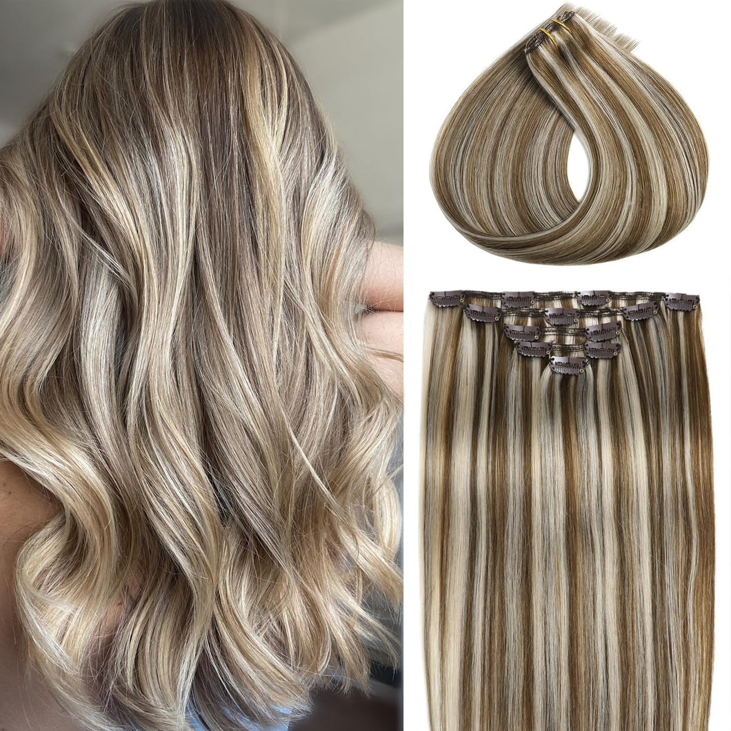 Clip in Hair Extensions #8/60 Balayage Chestnut Blonde Highligh 14 Inch Clip ins Hair Extensions for Women 80g/2.82oz 5pcs Real Human Hair Extensions Easy to Install