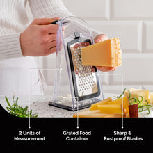 Load image into Gallery viewer, Cheese Grater with Garlic Crusher- Box Grater Vegetable Shredder with 3 Stainless Steel Blades - Graters for Kitchen- Cheese Graters with Handle - Garlic Mincer Tool and Vegetable Peeler
