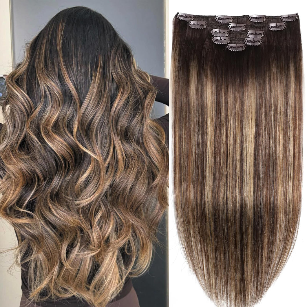 Straight Clip in Hair Extensions #4/4/27 Human Hair Clip in Extensions Remy Human Hair Extensions 22 Inch 5pcs 80g Balayage Chocolate Brown to Caramel Blonde Real Hair Clip ins for Women