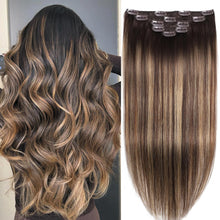 Load image into Gallery viewer, Clip in Hair Extensions Real Human Hair Extensions 20 Inch Human Hair Clip in Extensions Balayage Chocolate Brown to Caramel Blonde Clip ins for Women Remy Human Hair Extensions #4/4/27 80g 5pcs
