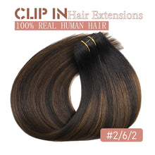 Load image into Gallery viewer, Clip in Hair Extensions Real Human Hair 20 Inch Straight Human Hair Clip in Extensions Balayage Dark Brown to Chestnut Brown Remy Hair Extensions Clip ins for Women 80g/5pcs
