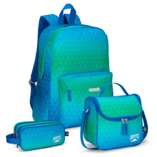 Load image into Gallery viewer, Roots Essential 3-in-1 Matching Water Resistant Kids Backpack and Lunch Bag Set with Bonus Pencil Case - Made from 100% Recycled Fabrics -22.5 litres, Ombre Blue Green

