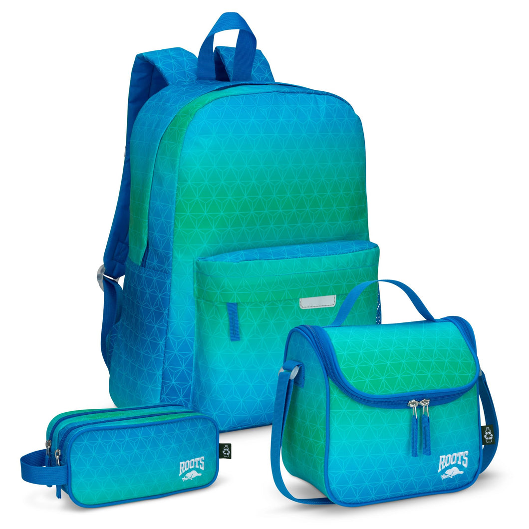 Roots Essential 3-in-1 Matching Water Resistant Kids Backpack and Lunch Bag Set with Bonus Pencil Case - Made from 100% Recycled Fabrics -22.5 litres, Ombre Blue Green