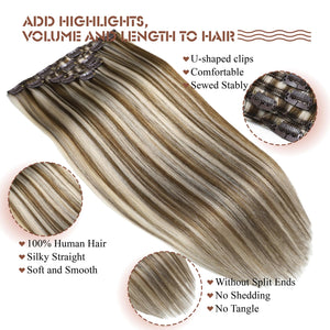 Clip in Hair Extensions #8/60 Balayage Chestnut Blonde Highligh 14 Inch Clip ins Hair Extensions for Women 80g/2.82oz 5pcs Real Human Hair Extensions Easy to Install