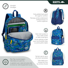 Load image into Gallery viewer, Roots Essential 3-in-1 Matching Water Resistant Kids Backpack and Lunch Bag Set with Bonus Pencil Case - Made from 100% Recycled Fabrics -22.5 litres, Blue Green Camo

