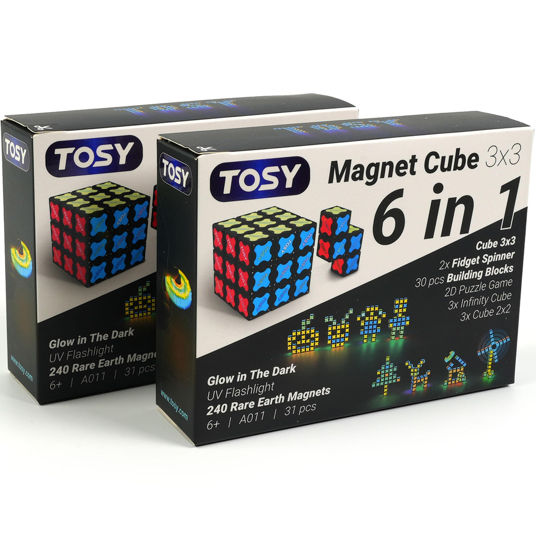 TOSY Magnet Cube 3x3-240 Magnets, 30 Blocks, 7 in 1: Puzzle Cube Game, Creative Building Blocks, Transformable Fidget Spinner, Infinity Cube, Magnet Tiles, UV Flashlight, Glowing STEAM Toy, 2-Pack