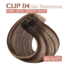 Load image into Gallery viewer, Clip in Hair Extensions Real Human Hair Extensions 20 Inch Human Hair Clip in Extensions Balayage Chocolate Brown to Caramel Blonde Clip ins for Women Remy Human Hair Extensions #4/4/27 80g 5pcs
