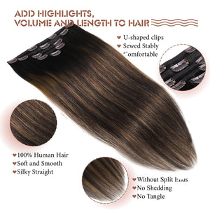 Clip in Hair Extensions Real Human Hair 20 Inch Straight Human Hair Clip in Extensions Balayage Dark Brown to Chestnut Brown Remy Hair Extensions Clip ins for Women 80g/5pcs