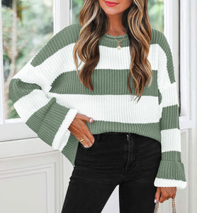 ZESICA Women's 2025 Fall Long Sleeve Oversized Striped Color Block Comfy Loose Crew Neck Knitted Pullover Sweater Green Small