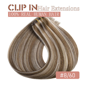 Clip in Hair Extensions #8/60 Balayage Chestnut Blonde Highligh 14 Inch Clip ins Hair Extensions for Women 80g/2.82oz 5pcs Real Human Hair Extensions Easy to Install