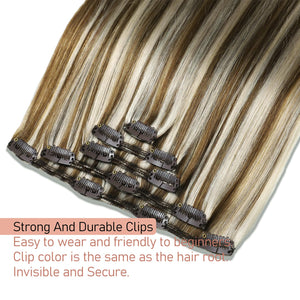 Clip in Hair Extensions #8/60 Balayage Chestnut Blonde Highligh 14 Inch Clip ins Hair Extensions for Women 80g/2.82oz 5pcs Real Human Hair Extensions Easy to Install